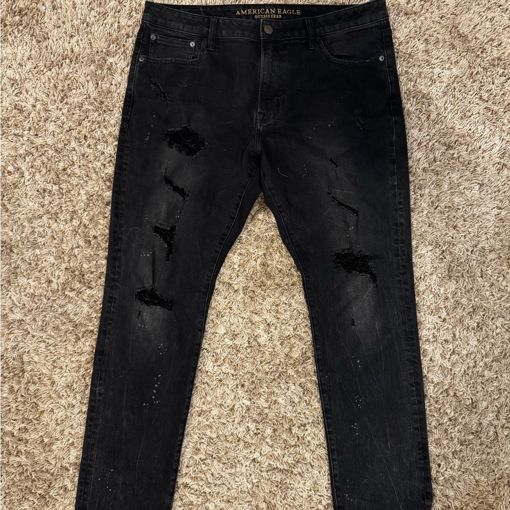 American Eagle Outfitters Men's Distressed Black Skinny Jeans
